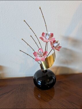 Vintage MCM Mario Jason Metal Sculpture Flower Blooms Onyx Glass Signed 13" Tall